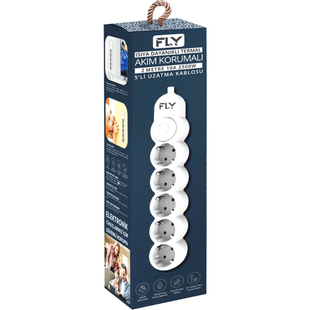 FLY 3394-01, 5 Soket, Akım Korumalı Priz, 2.1A, Anahtarlı, 2Mt Kablo, (Beyaz)