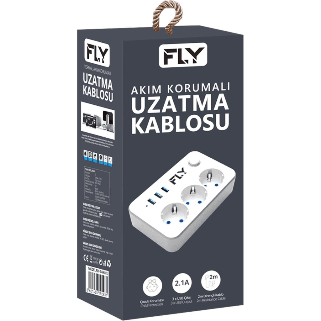 FLY 3406-01, 3 Soket, 3 USB, Akım Korumalı Priz, 2.1A, Anahtarlı, 2Mt Kablo, (Beyaz)