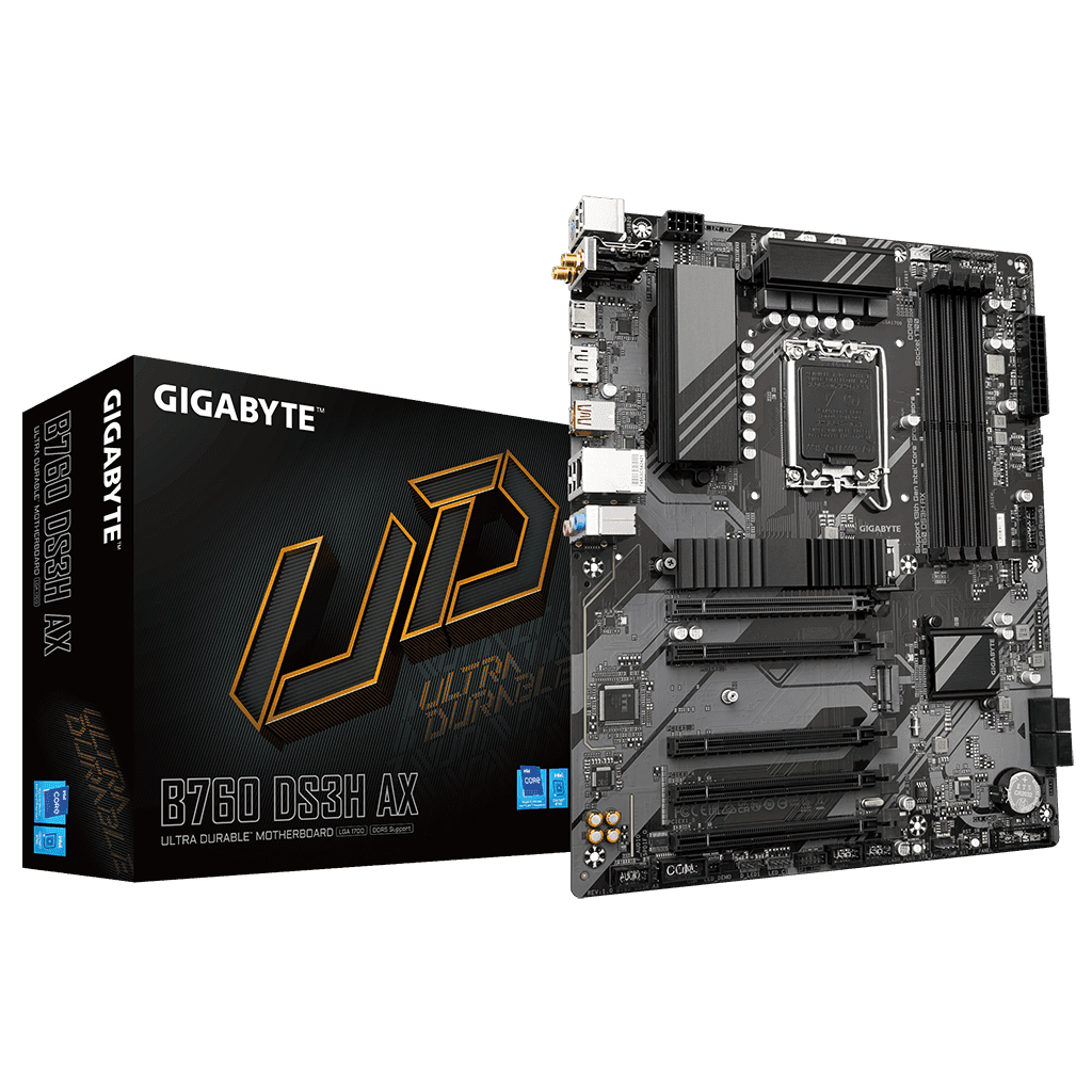 GIGABYTE B760 DS3H AX, rev.1.0, 4xDDR5, 2xM.2, DP, HDMI, Type-C, Wi-Fi 6E, Bluetooth v5.3, 12-13-14.Nesil, LGA1700 Soket, Anakart