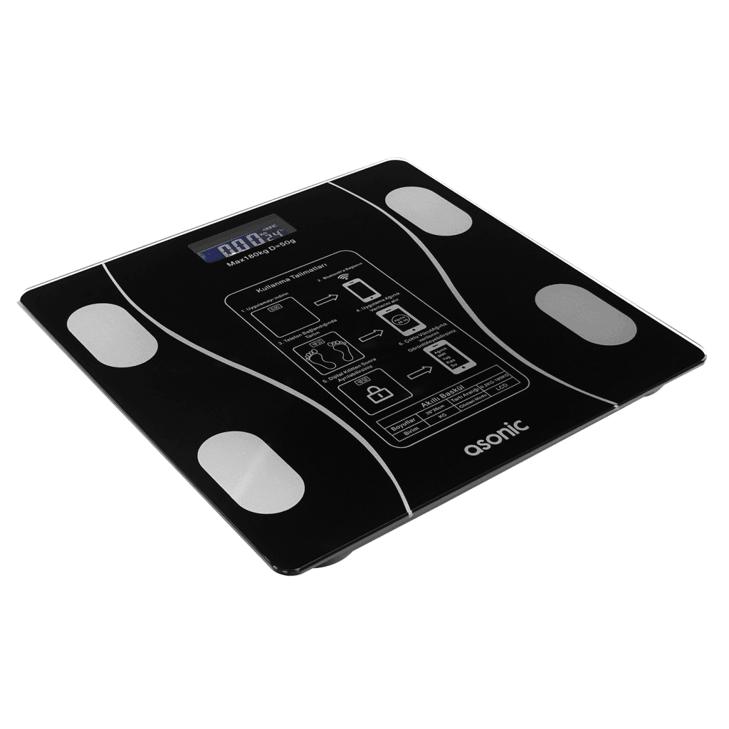 ASONIC BS260, Siyah, Bluetooth Destekli, Baskül. LCD Gösterge, 260x260mm, 180Kg a kadar ölÇme.