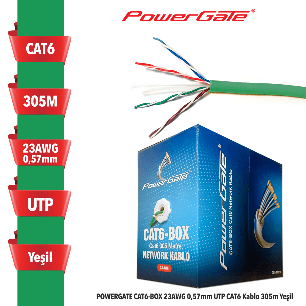 POWERGATE CAT6-BOX-GN, 23AWG 0,57mm, UTP, CAT6 Kablo, 305m, Ye┼şil