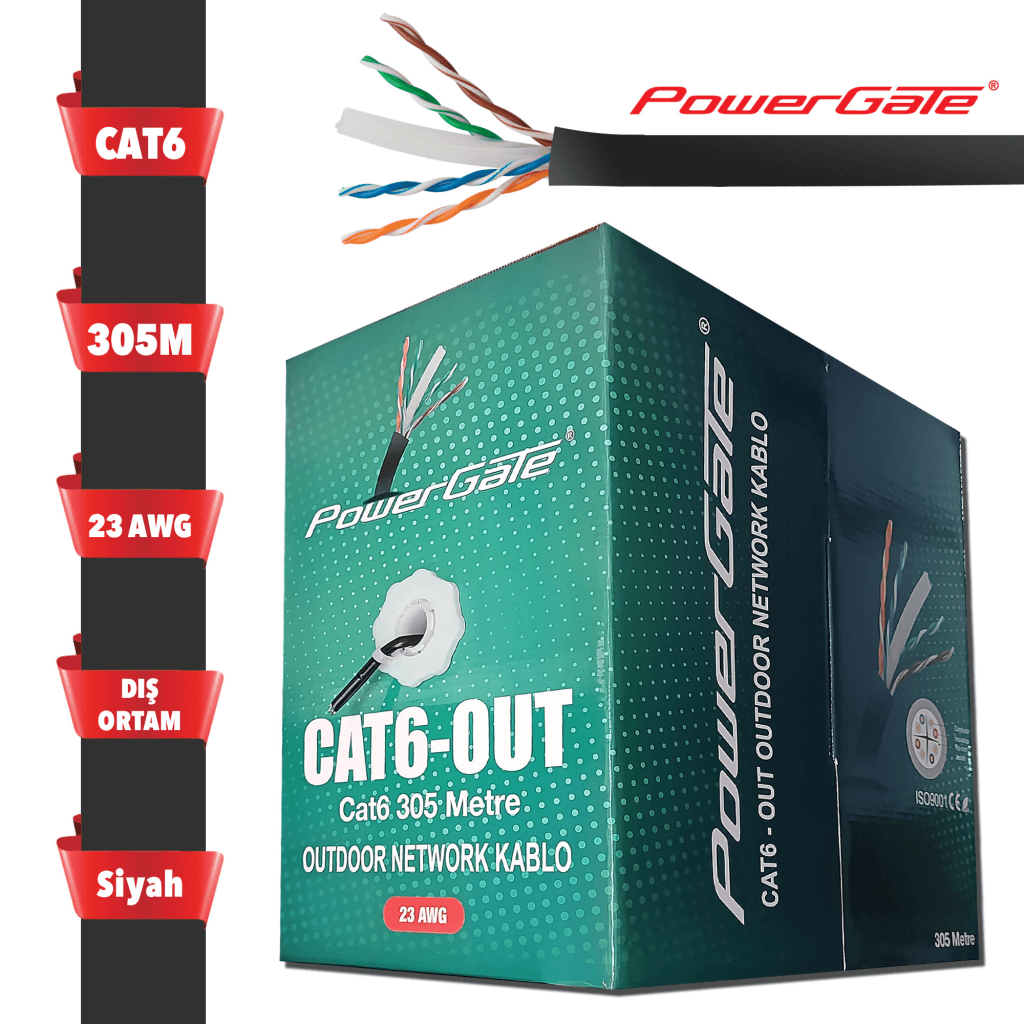 POWERGATE CAT6-OUT-CCA, Outdoor (Dı┼ş Mekan), Polietilen, 23AWG 0.57mm, UTP, CAT6, CCA Kablo, 305m, Siyah