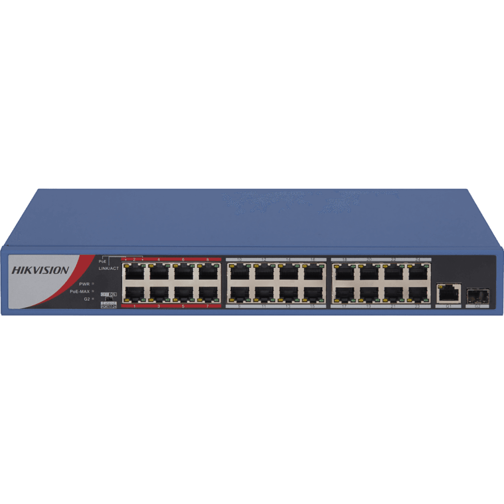 HIKVISION DS-3E0326P-E/M(B), 24 Port, MegaBit, PoE 250W, 1 Port GigaBit Uplink, 1 Port GigaBit SFP, Yönetilemez, Rack Mount Switch