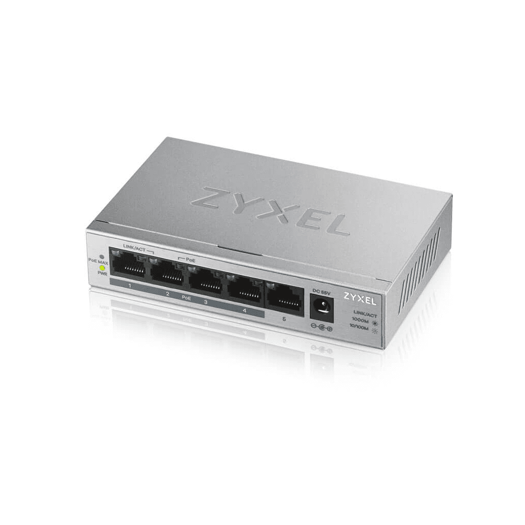 ZyXEL GS1005HP, 5 Port, GigaBit, 4 Port PoE 60W, Yönetilemez, Masaüstü Switch