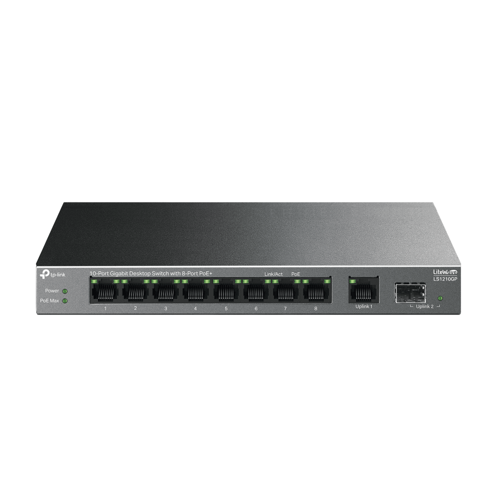 TP-LINK LS1210GP, Green Tech, 8 Port Gigabit, PoE 61W, 1 Port Gigabit Uplink, 1 Port Gigabit SFP, Yönetilemez Masaüstü Switch