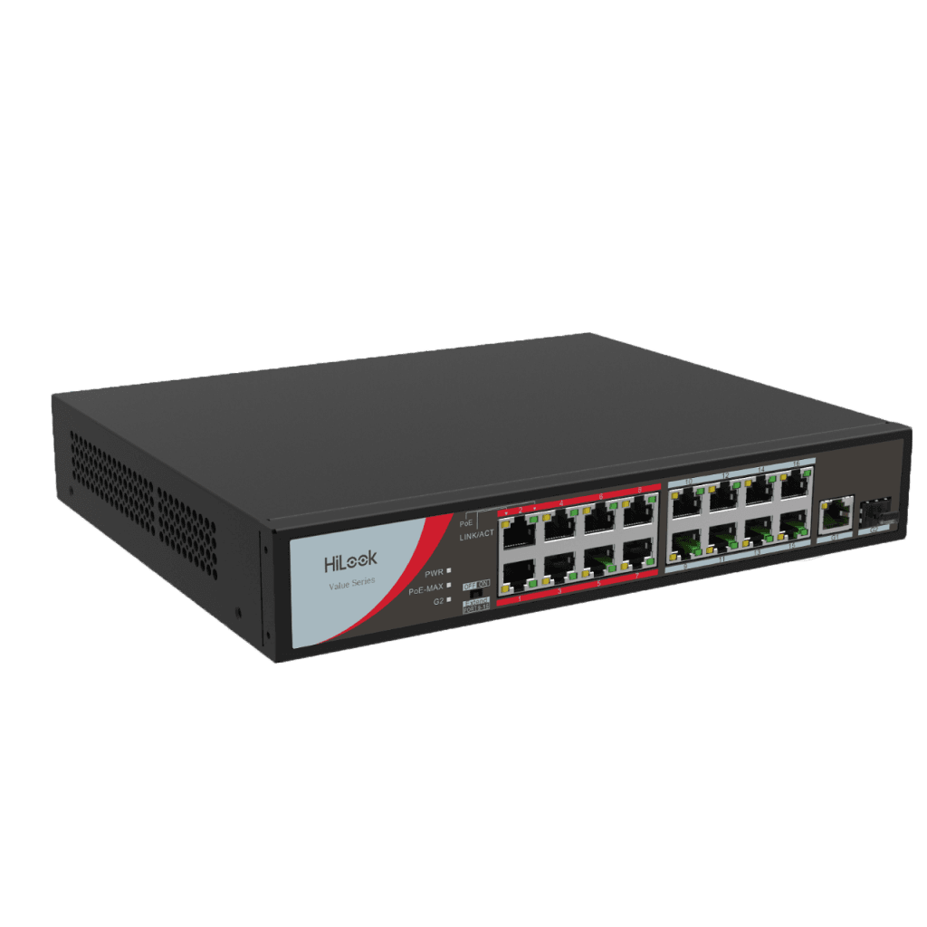 HILOOK NS-0318P-130(B), 16 Port, Megabit, PoE 130W, 1 Port GigaBit Lan, 1 Port GigaBit SFP, Long Range 250Metre, Yönetilemez, Masaüstü Switch