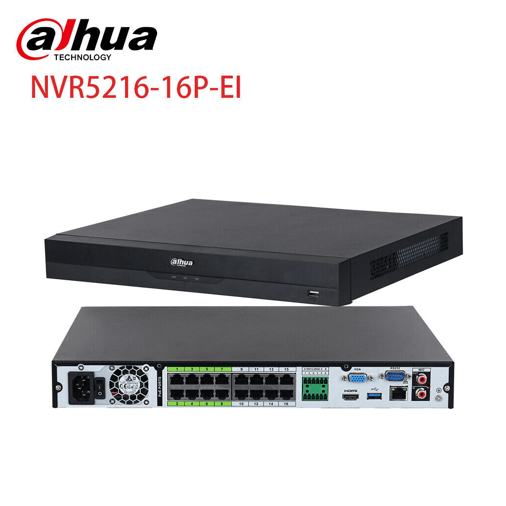 DAHUA  NVR5216-16P-EI, 16Kanal POE, 32Mpix, H265+, 2 HDD Deste─şi, 1080P Kayıt, 384Mbps Bant Geni┼şli─şi, NVR