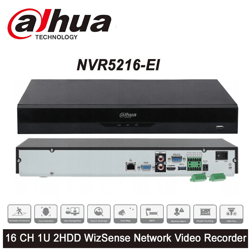 DAHUA  NVR5216-EI, 16Kanal, 12Mpix, H265+, 2 HDD Deste─şi, 1080P Kayıt, 320Mbps Bant Geni┼şli─şi, NVR