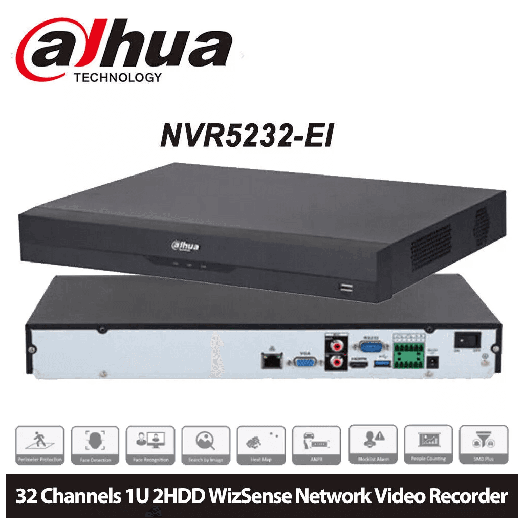 DAHUA  NVR5232-EI, 32Kanal, 12Mpix, H265+, 2 HDD Deste─şi, 1080P Kayıt, 320Mbps Bant Geni┼şli─şi, NVR