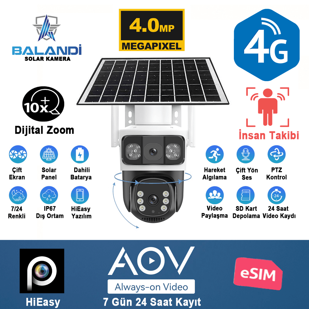BALANDI PRO-8200GIP 4MP 2 Kameralı 4G AOV ESIM Solar Kamera, HIEASY Yazılım