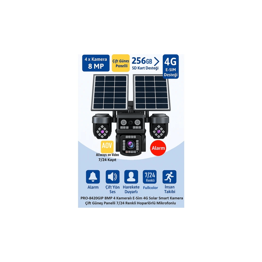 BALANDI PRO-8420GIP 8MP 4 Kameralı 4G AOV ESIM  Solar Kamera, HIEASY Yazılım