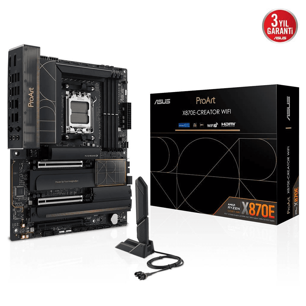 ASUS PROART X870E-CREATOR WIFI, 4xDDR5, 4xM.2, HDMI, DP, Type-C, PCIe 5.0, Wi-Fi 7, Bluetooth v5.4, AM5 Soket GAMING Anakart