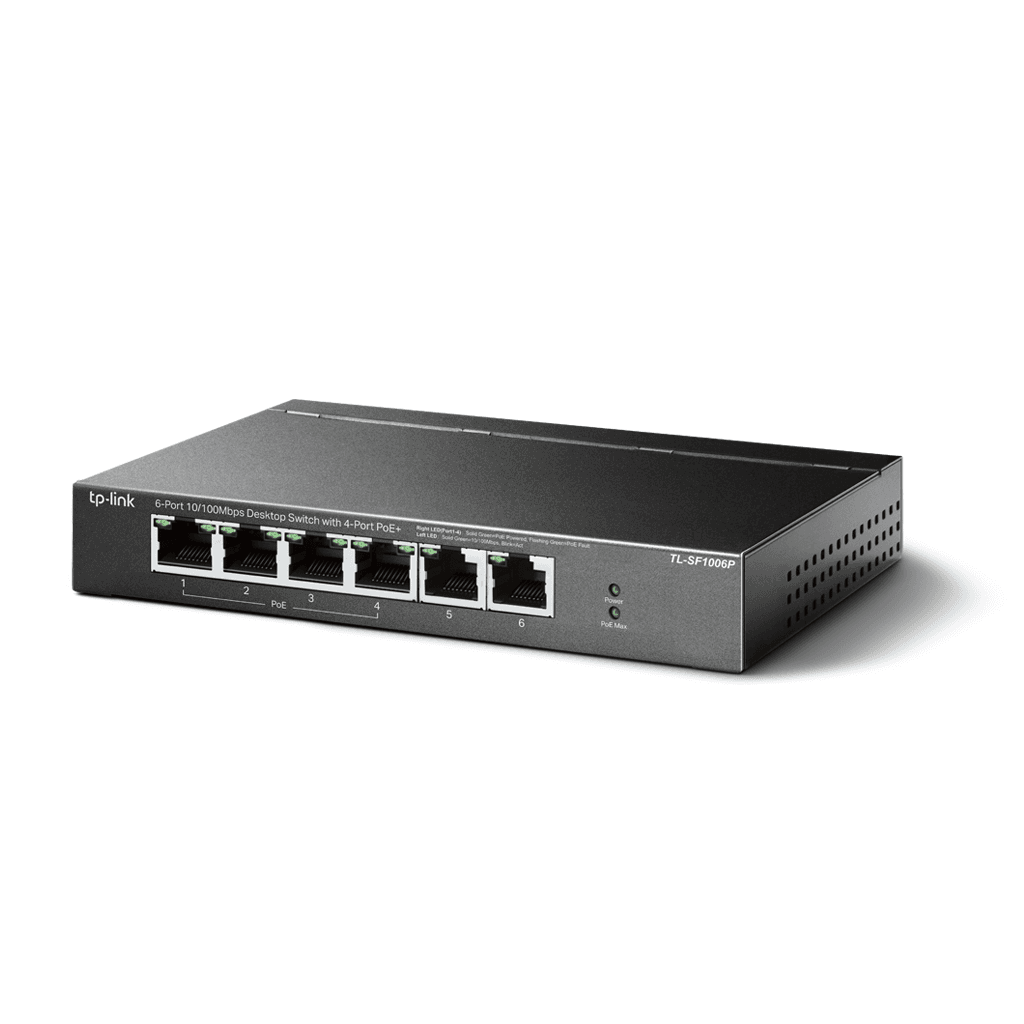 TP-LINK TL-SF1006P, 6 Port, MegaBit, 4 Port PoE 67W, Yönetilemez, Metal Kasalı Switch