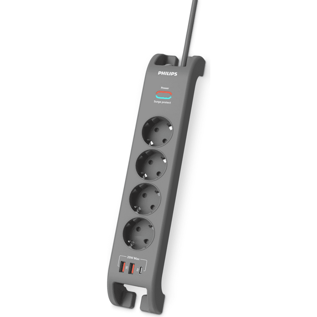 PHILIPS SPN4140GA/62, 4 Soket, Akım Korumalı Priz, 2400 Joules, 2Mt Kablo, 1xUsb-C PD 20W Hızlı ┼Şarj, 2xUsb-A QC 18W, (Gri)