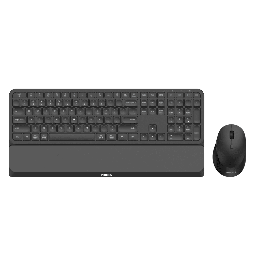 PHILIPS SPT6607B, Siyah, TürkÇe Q, 2.4Ghz ve Bluetooth Kablosuz, Bilek Destekli, Multimedya Klavye Mouse Set