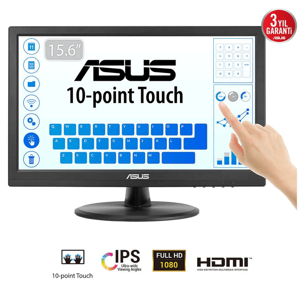 ASUS VT169HE 15.6" 5ms, 60Hz, Dokunmatik, HDMI, D-Sub, Dü┼şük Mavi I┼şık, FreeSync, IPS Panel Monitör