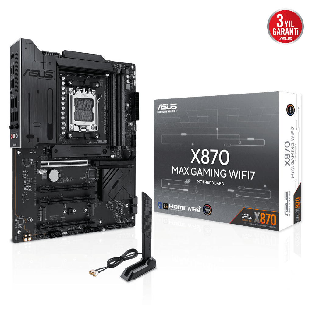 ASUS X870 MAX GAMING WIFI7, 4xDDR5, 3x M2, HDMI, DP, Type-C, Wi-Fi 7, Bluetooth v5.3, AM5 Soket GAMING Anakart