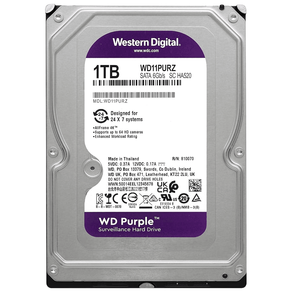 WD PURPLE, WD11PURZ, 3.5" 1TB, 64Mb, 5400 Rpm, 7/24 Güvenlik, HDD (Türkiye Distribütörü Garantili)
