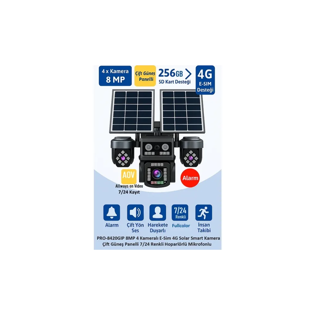 BALANDI PRO-8420GIP 8MP 4 Kameralı 4G AOV ESIM  Solar Kamera, HIEASY Yazılım